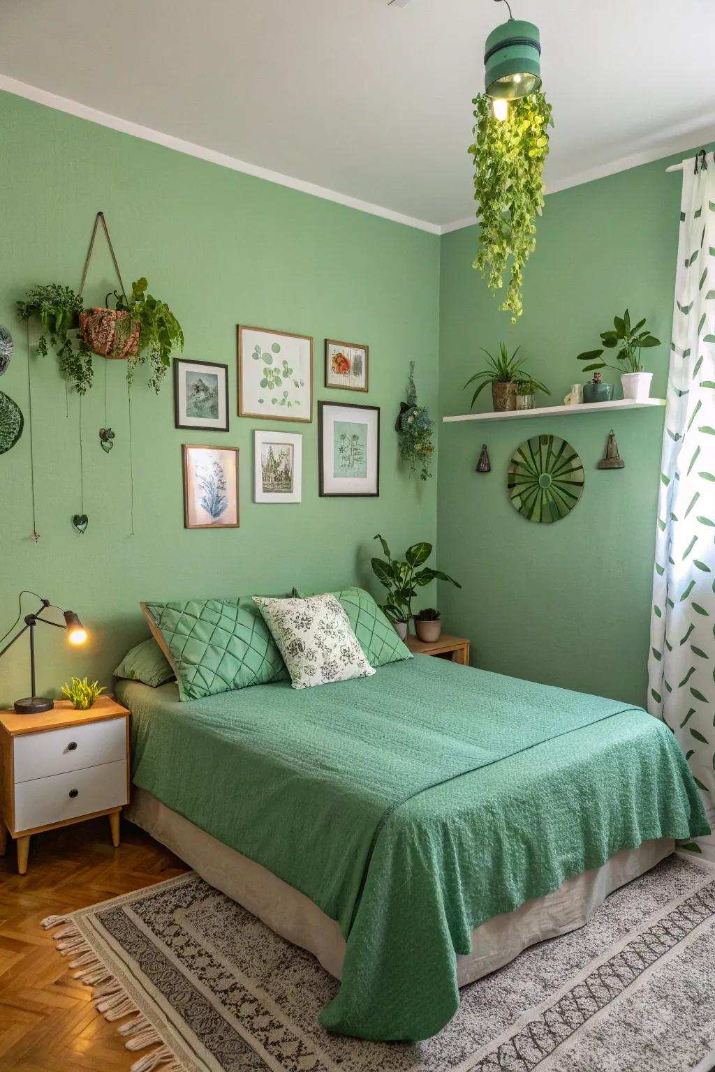Green accessories subtly tie the room together.