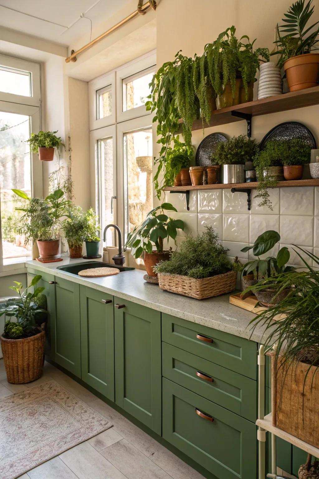 Green cabinets and plants fashion a plant-inspired kitchen.