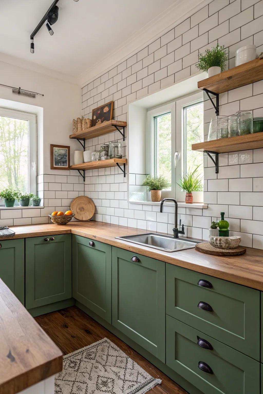 Green cabinets contrasted by white tiles and wooden highlights.