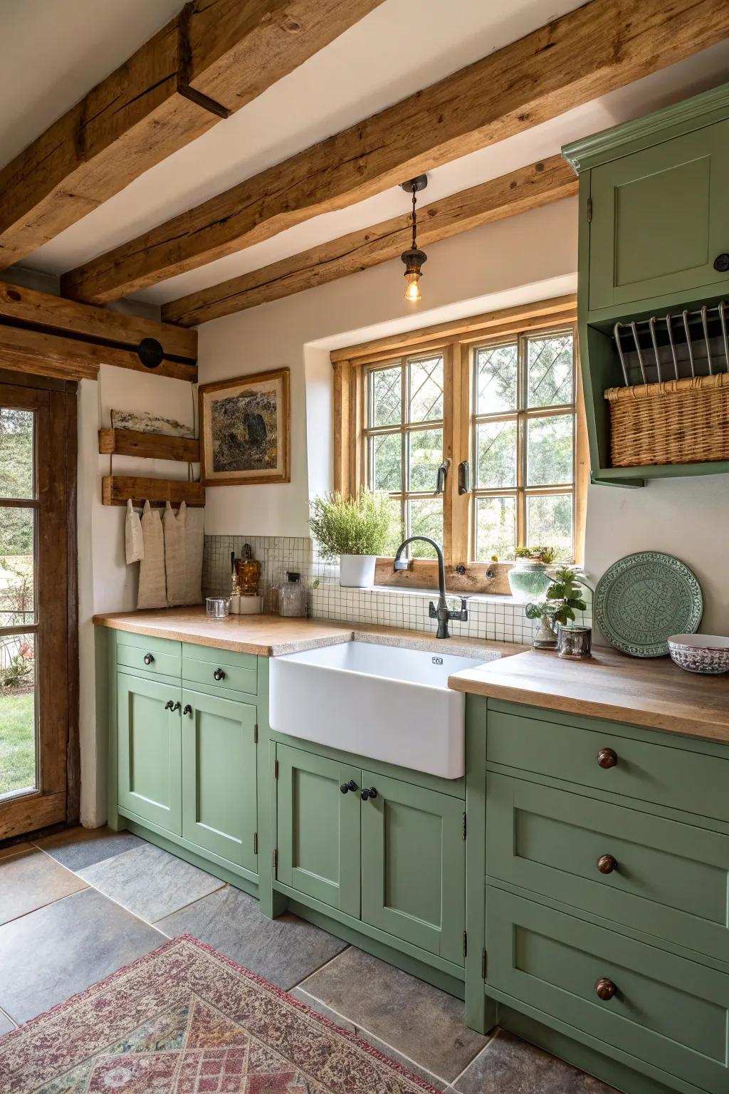 Green cabinets coupled with country cottage elements fashion a cozy kitchen.