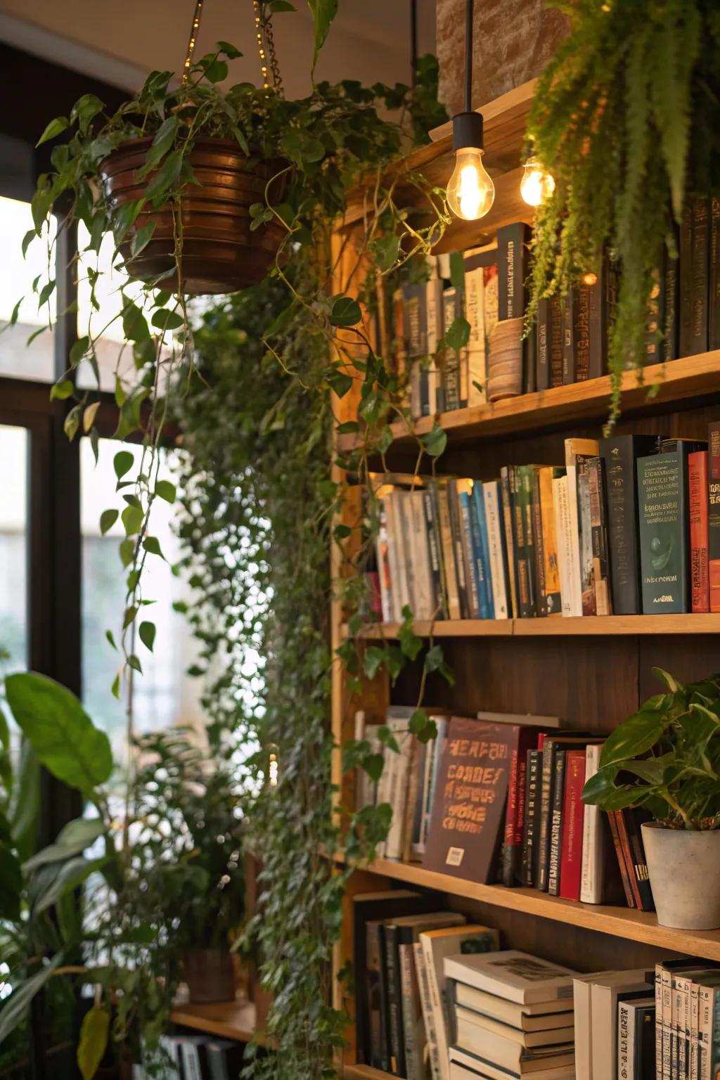 Greenery brings freshness and vitality to this beautifully styled bookshelf.