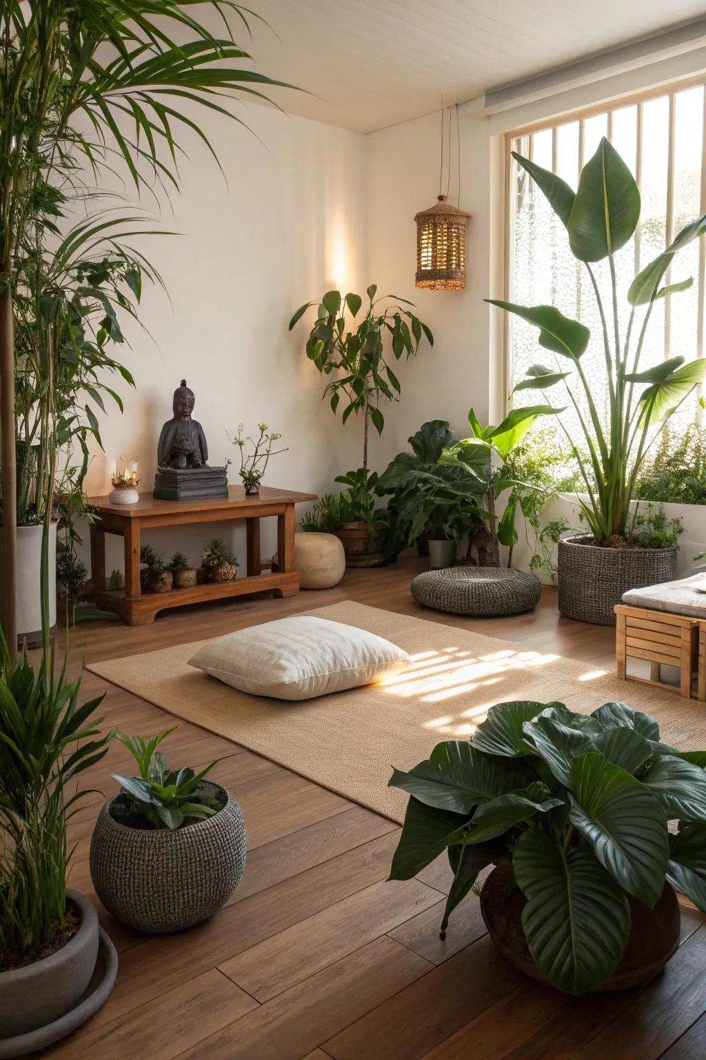 Greenery contributes a soothing, organic touch to your meditation room.