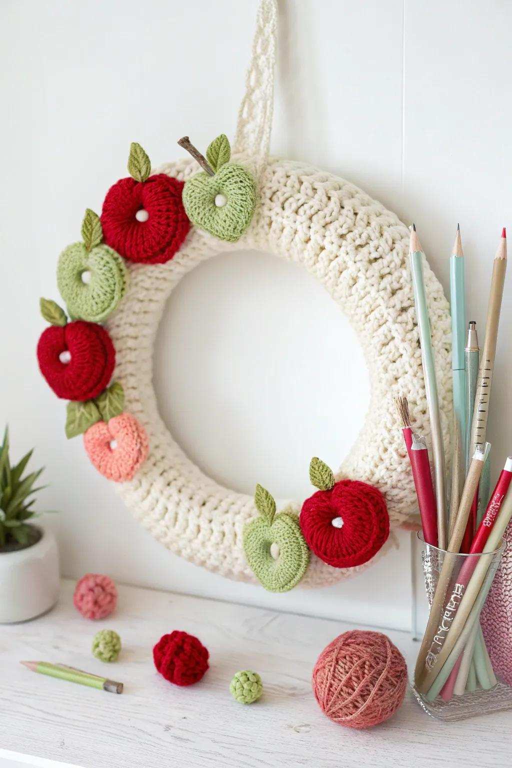 Greet the academic annum via a soupcon of handmade elegance! 🍎✏️ #CrochetWreath #BackToSchoolDecor