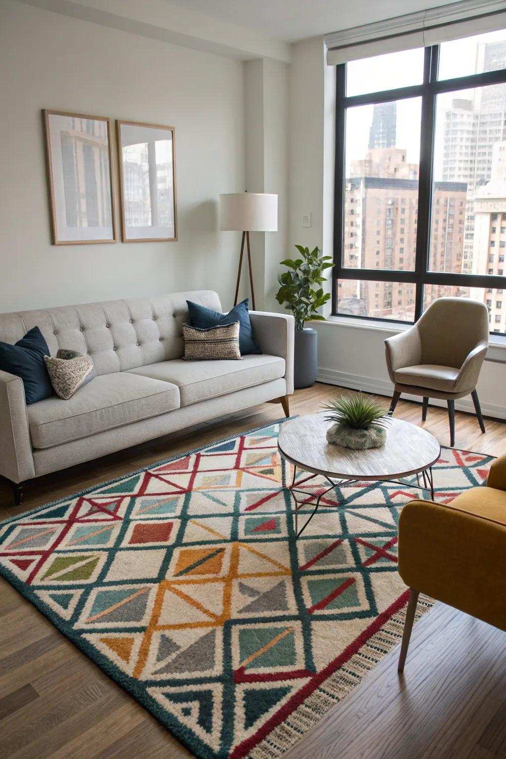 Ground coverings with striking motifs incorporate warmth and define spaces.