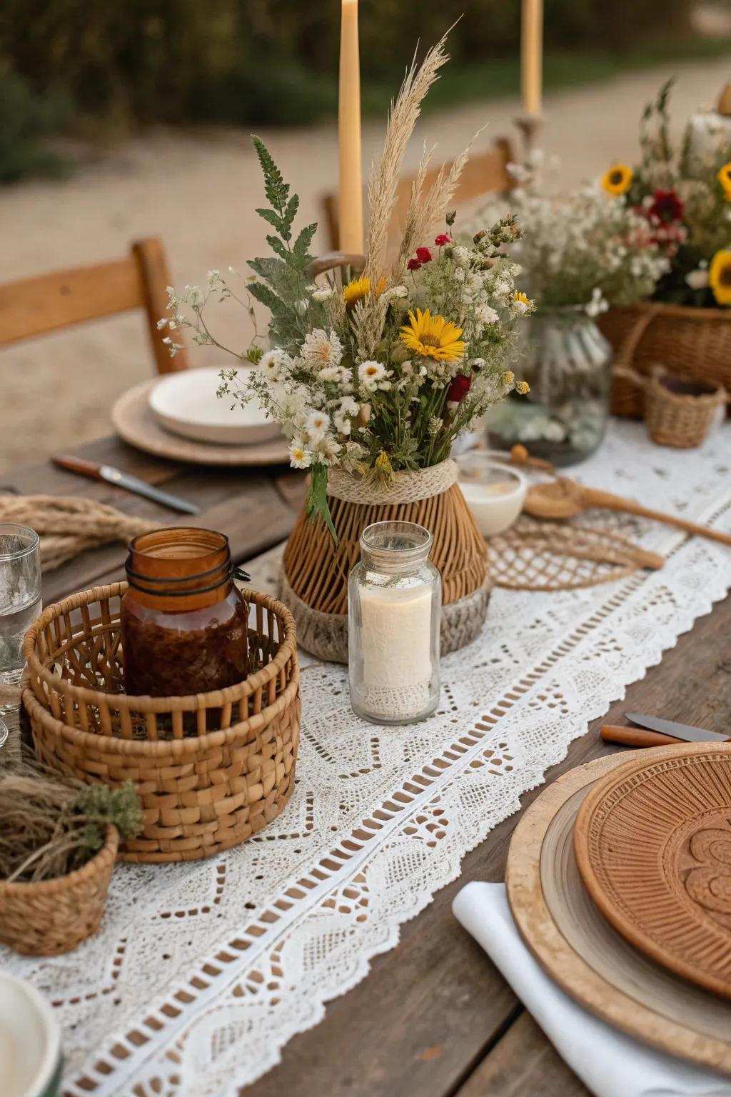 Ground-inspired shades compose a harmonious boho wedding table arrangement.