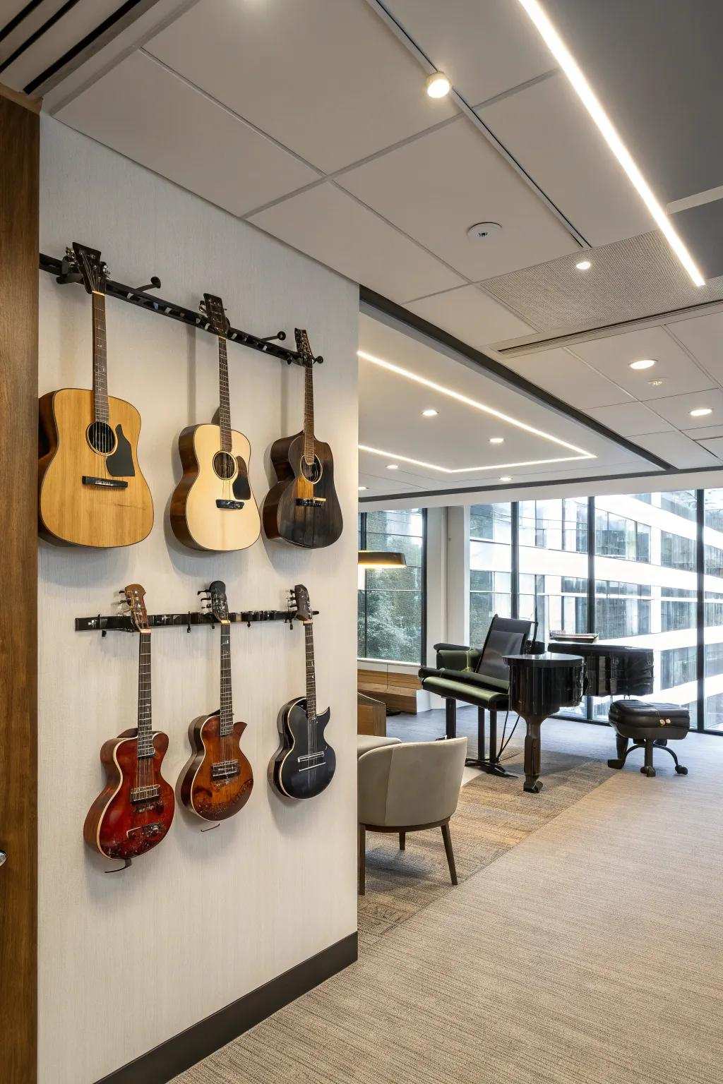 Guitars mounted on the wall bring an artistic and individual touch.