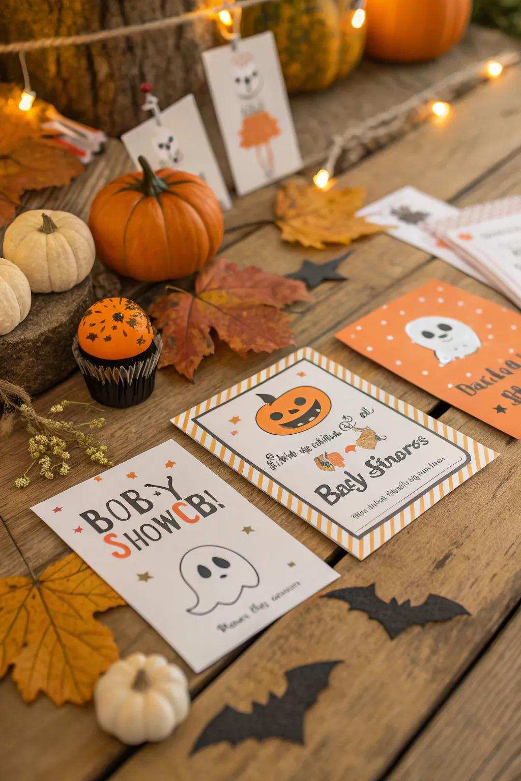 Halloween-themed invitations will perfectly introduce your festive baby shower.
