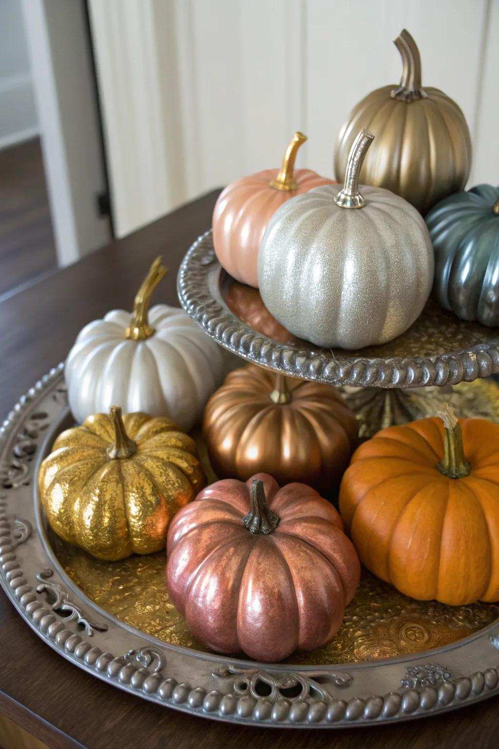 Hand-painted pumpkins provide a creative and individualized autumnal decoration.
