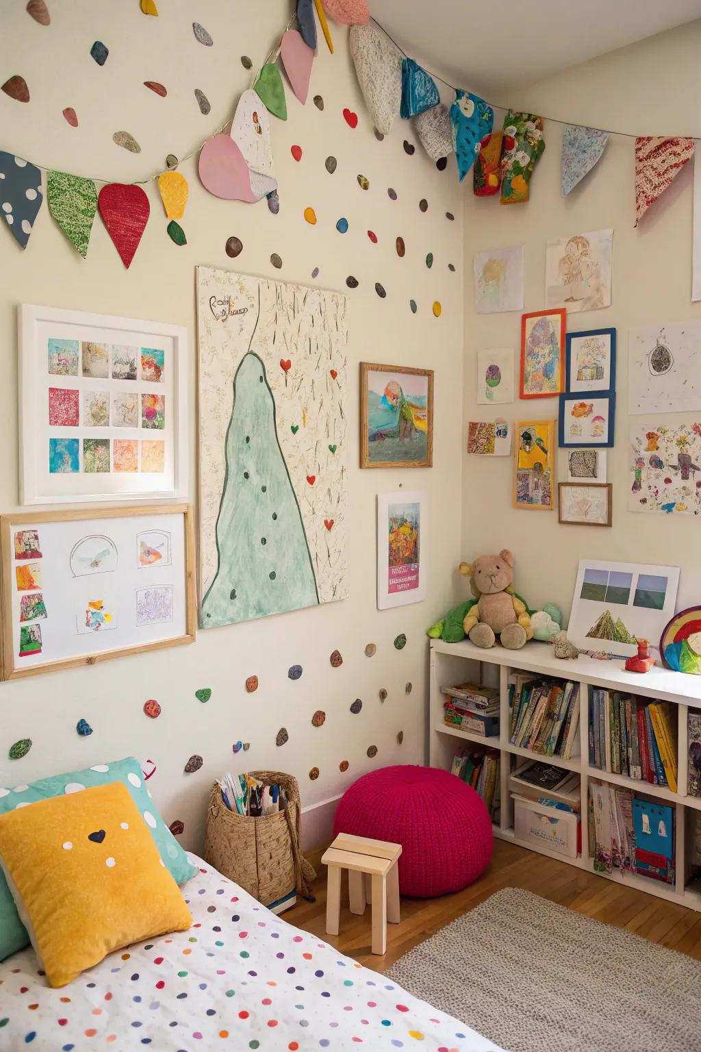 Handcrafted art projects inject a personal and inventive touch into the room.