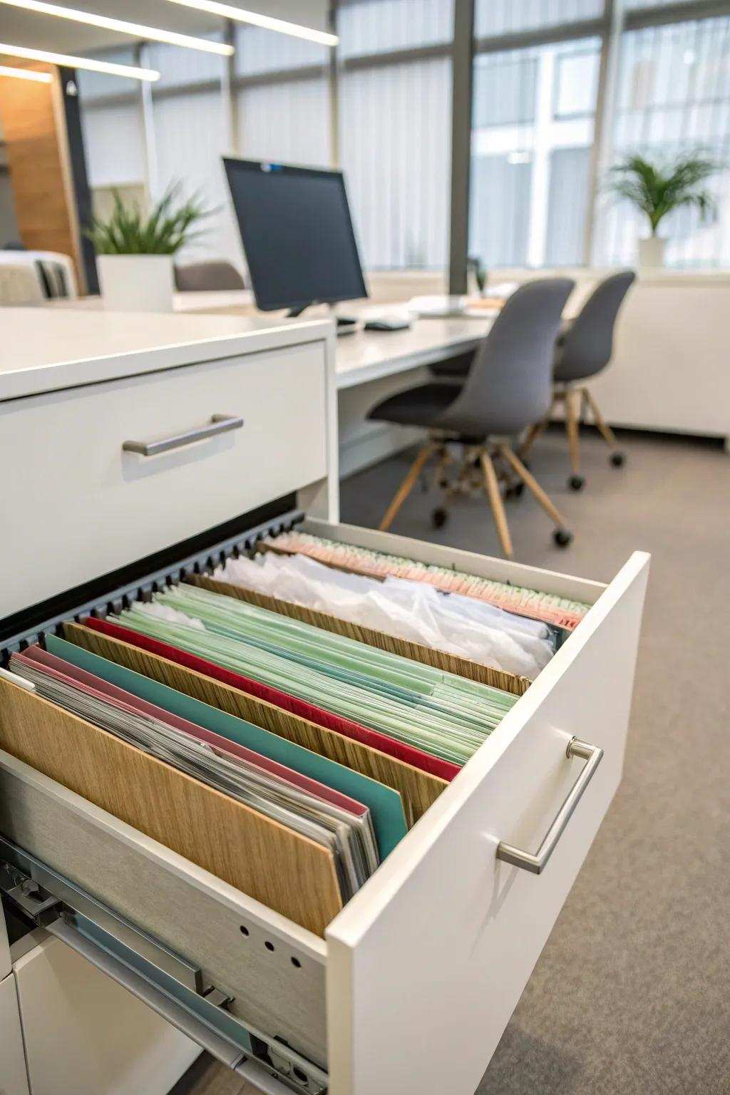 Hanging document sleeves keep tissue paper neatly organized and flat.