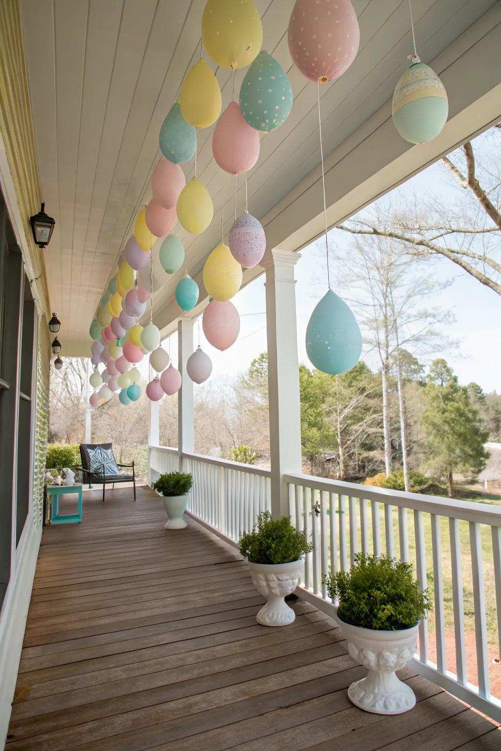 Hanging egg ornaments provide an amusing touch to your porch.