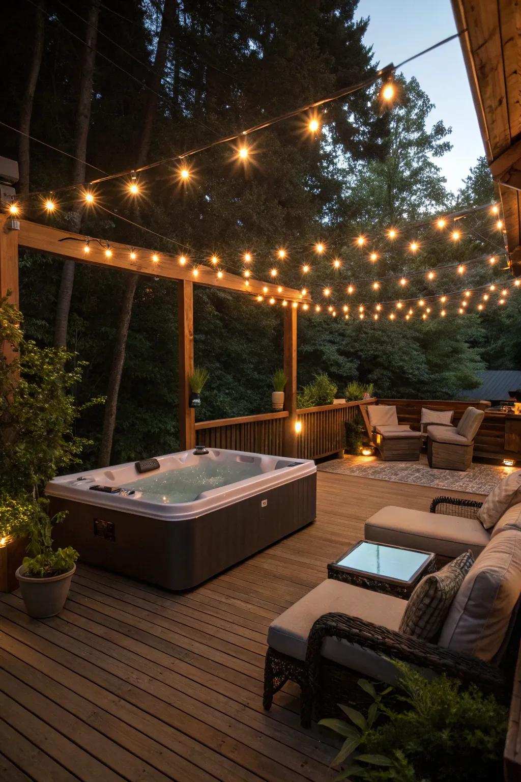 Hanging lights fashion a magical mood for nighttime unwinding.