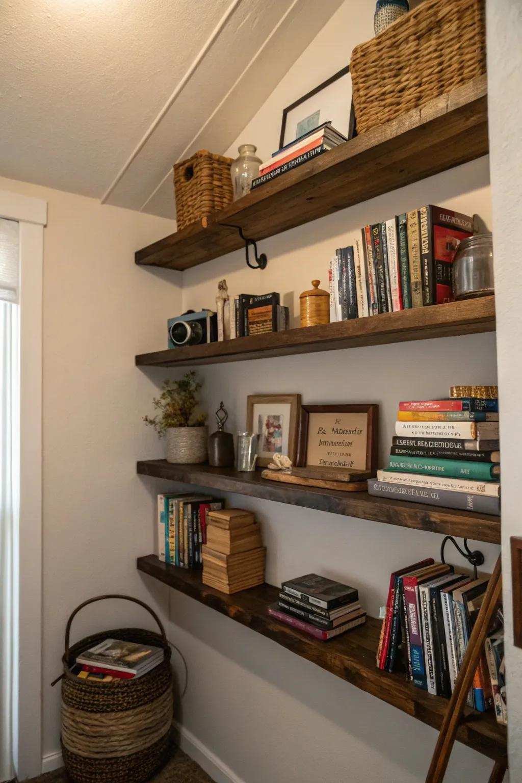 Hanging shelves offer storage that is stylish and practical.