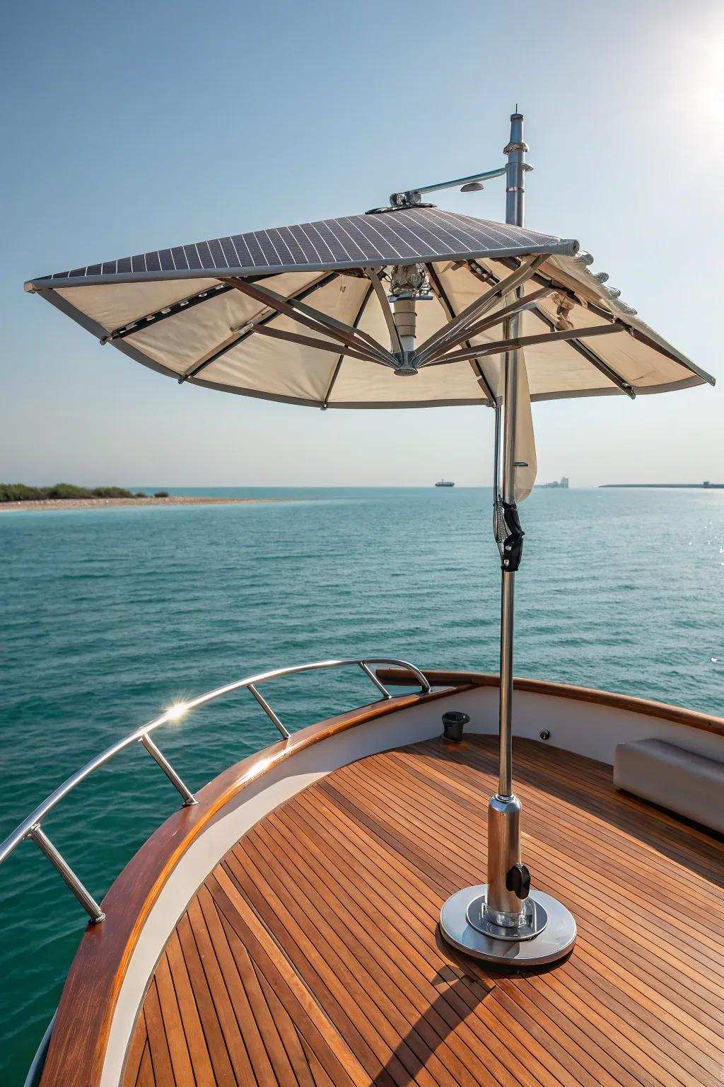 Harness the sun's power on the open sea with this solar-powered umbrella.
