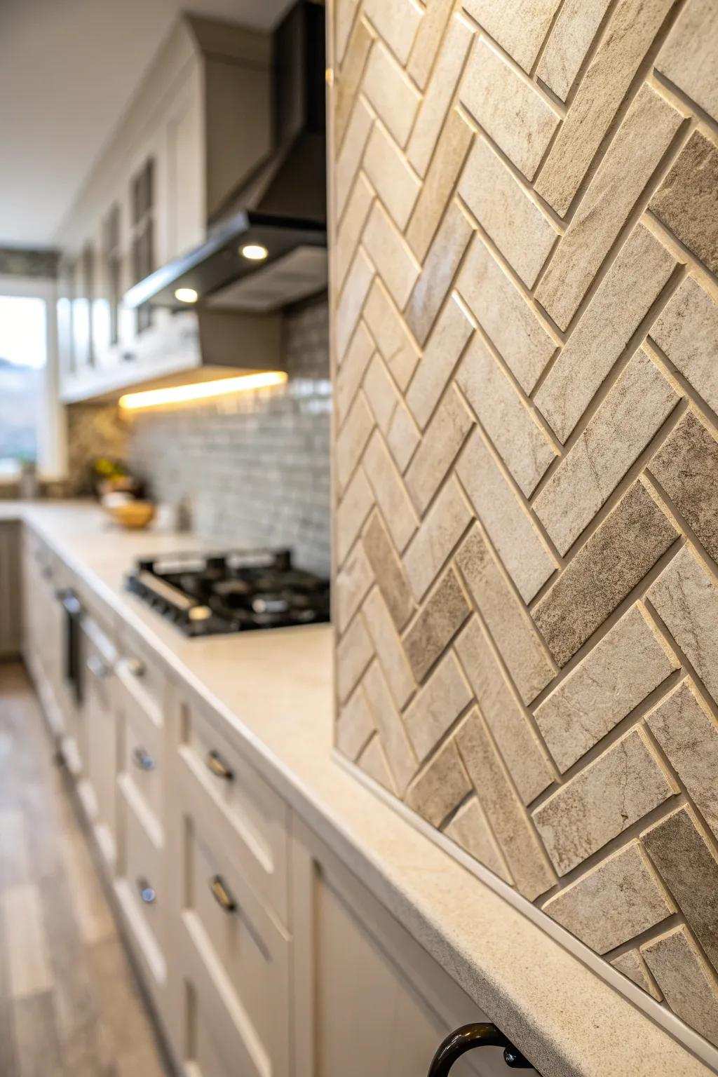 Herringbone layout tiles impart sophistication and dynamism to this kitchen.