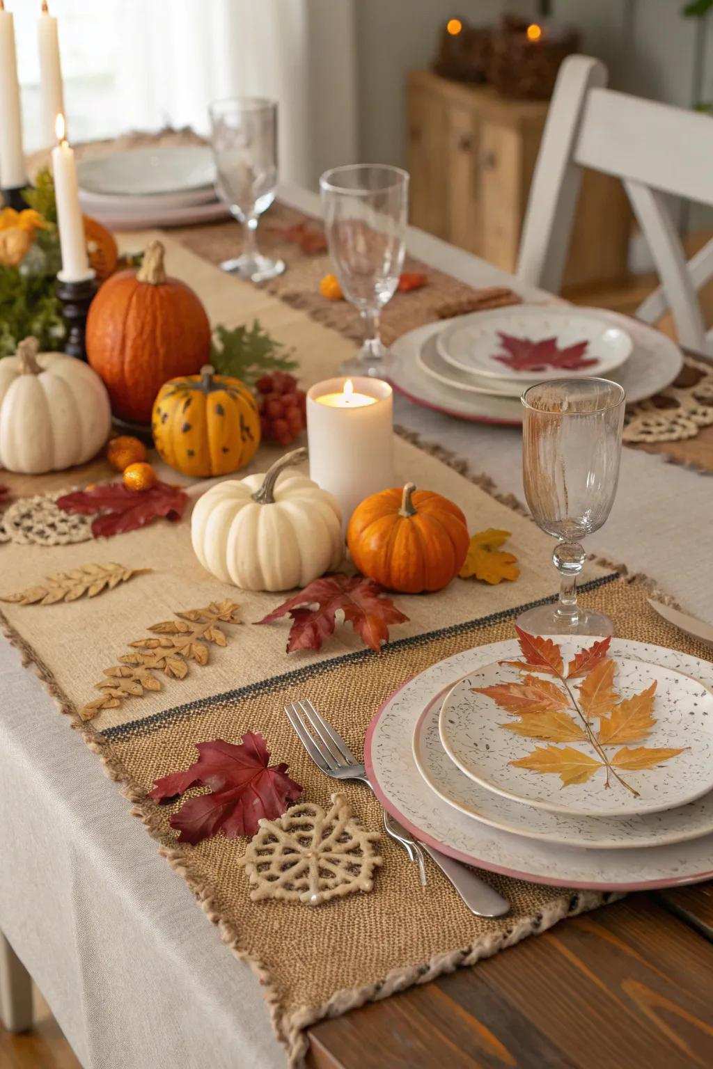 Hessian accents provide a country-style base for your fall dining arrangements.