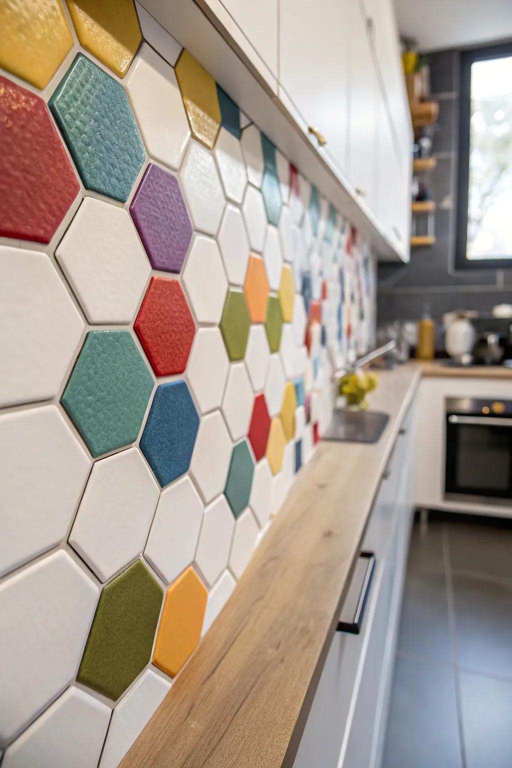 Hexagonal tiles impart a modern and spirited flair to this kitchen wall.
