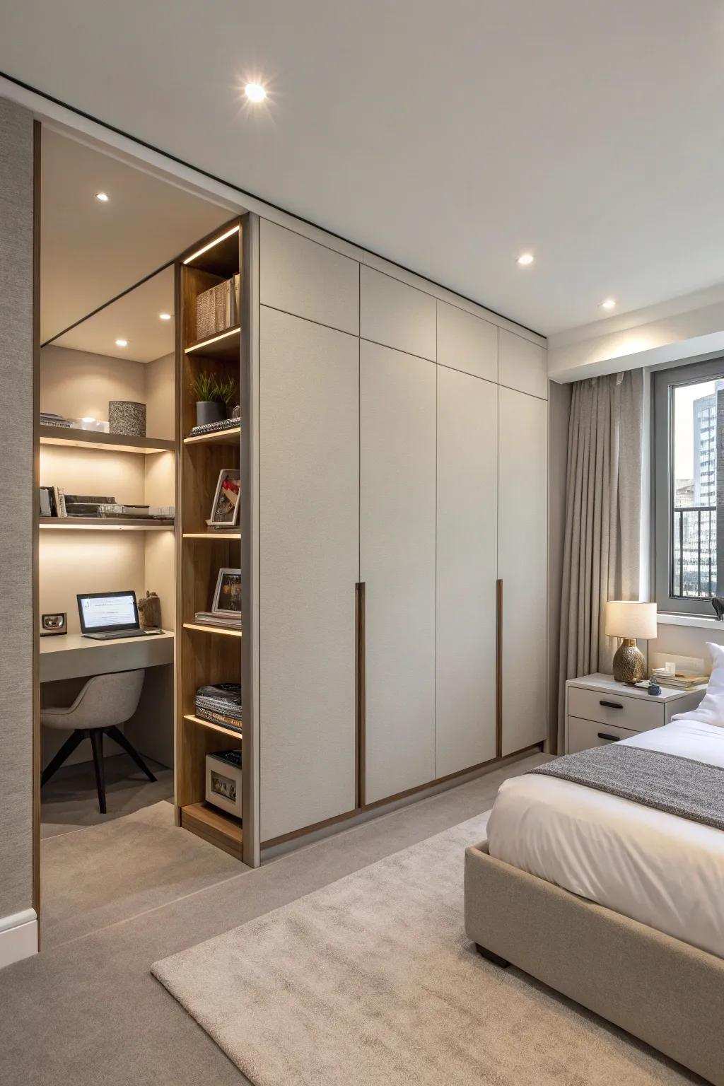Hidden wall storage keeps your bedroom neat and organized.