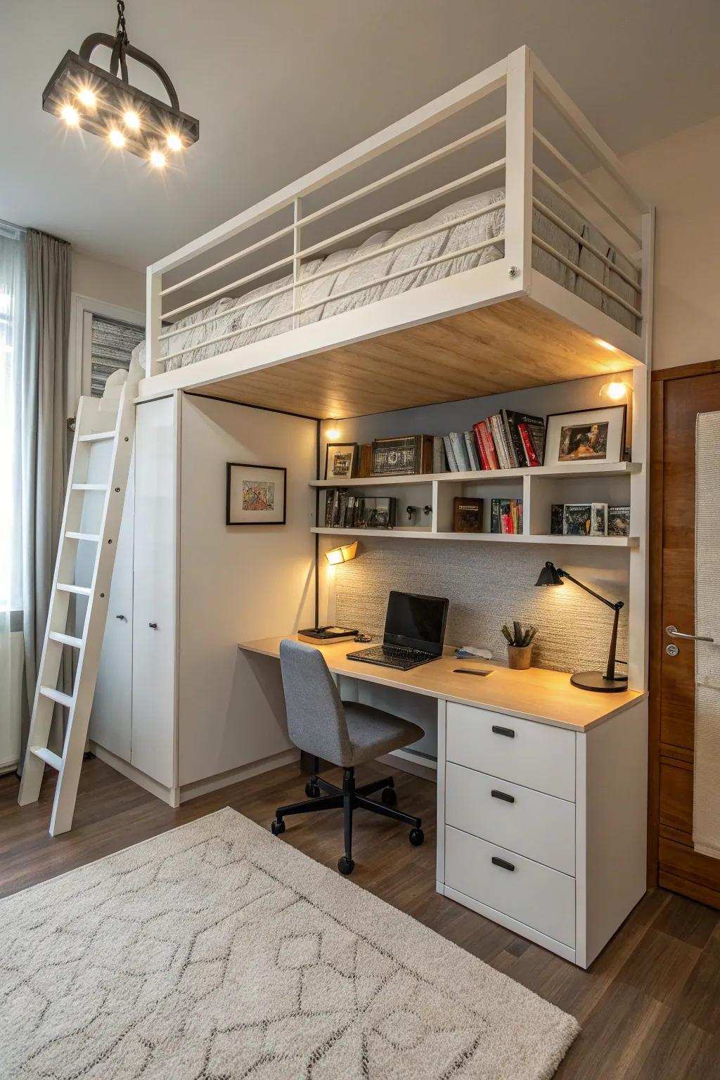 High beds make different living and sleeping areas.