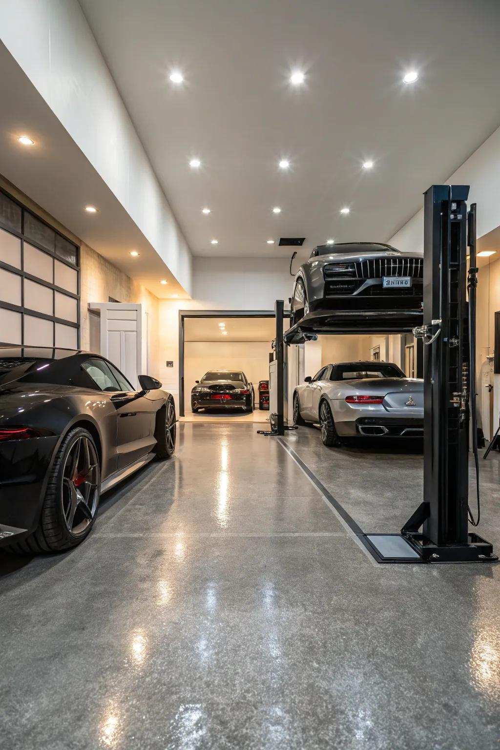 High-tech lifts in luxury garages provide a balance of beauty and functionality.