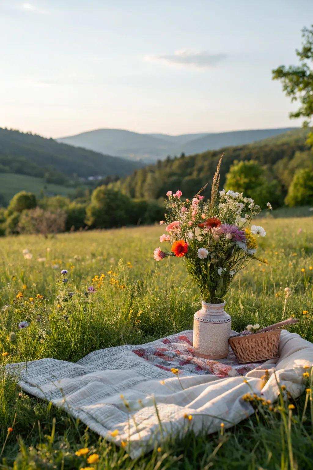 Homemade blossom arrangements bring natural beauty to your picnic.