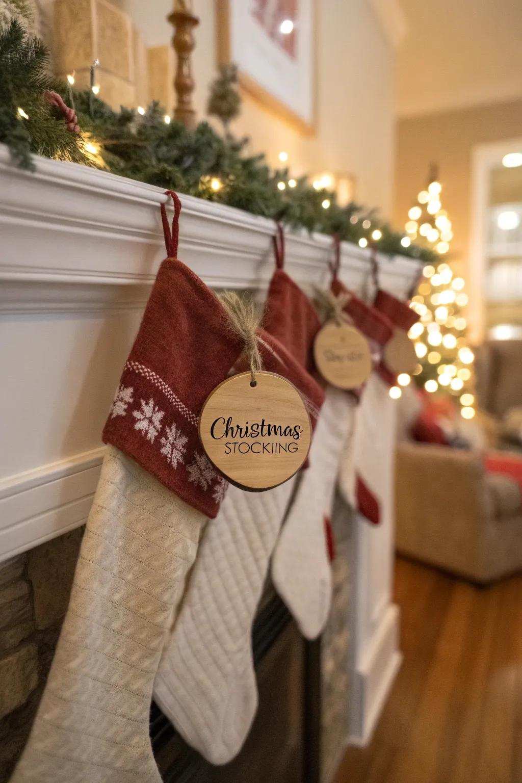 Homespun wooden plaques impart a beautiful personal feel to your stockings.
