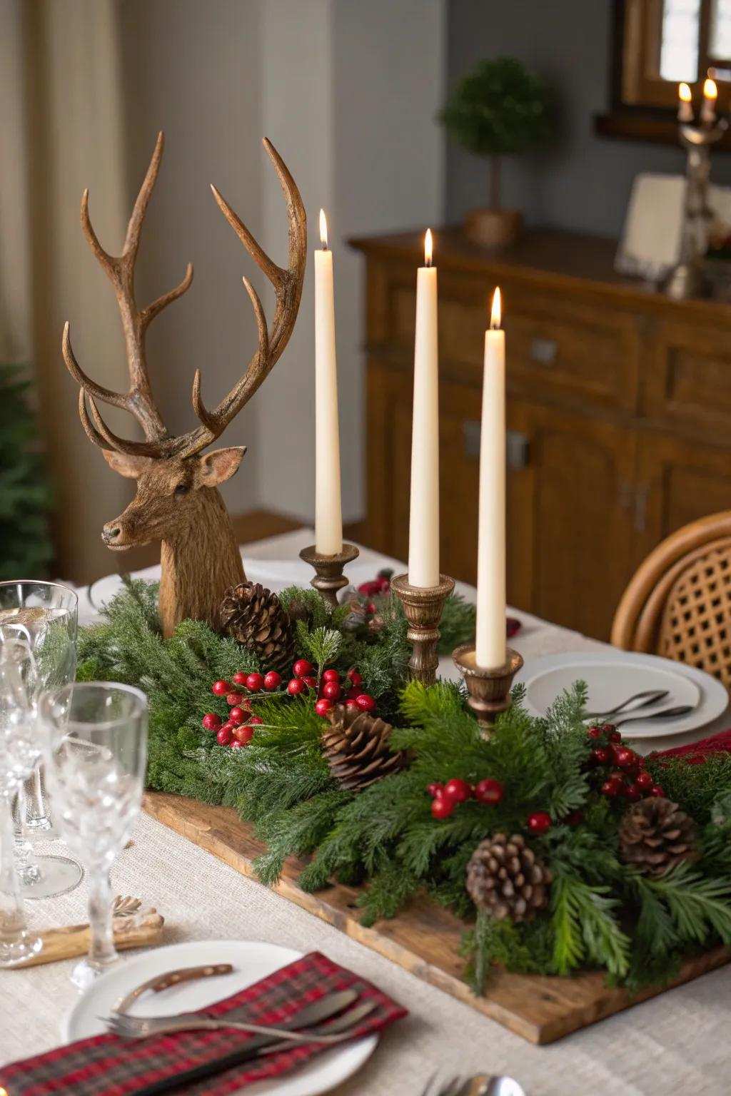Horns provide a striking focal point in natural holiday decor.