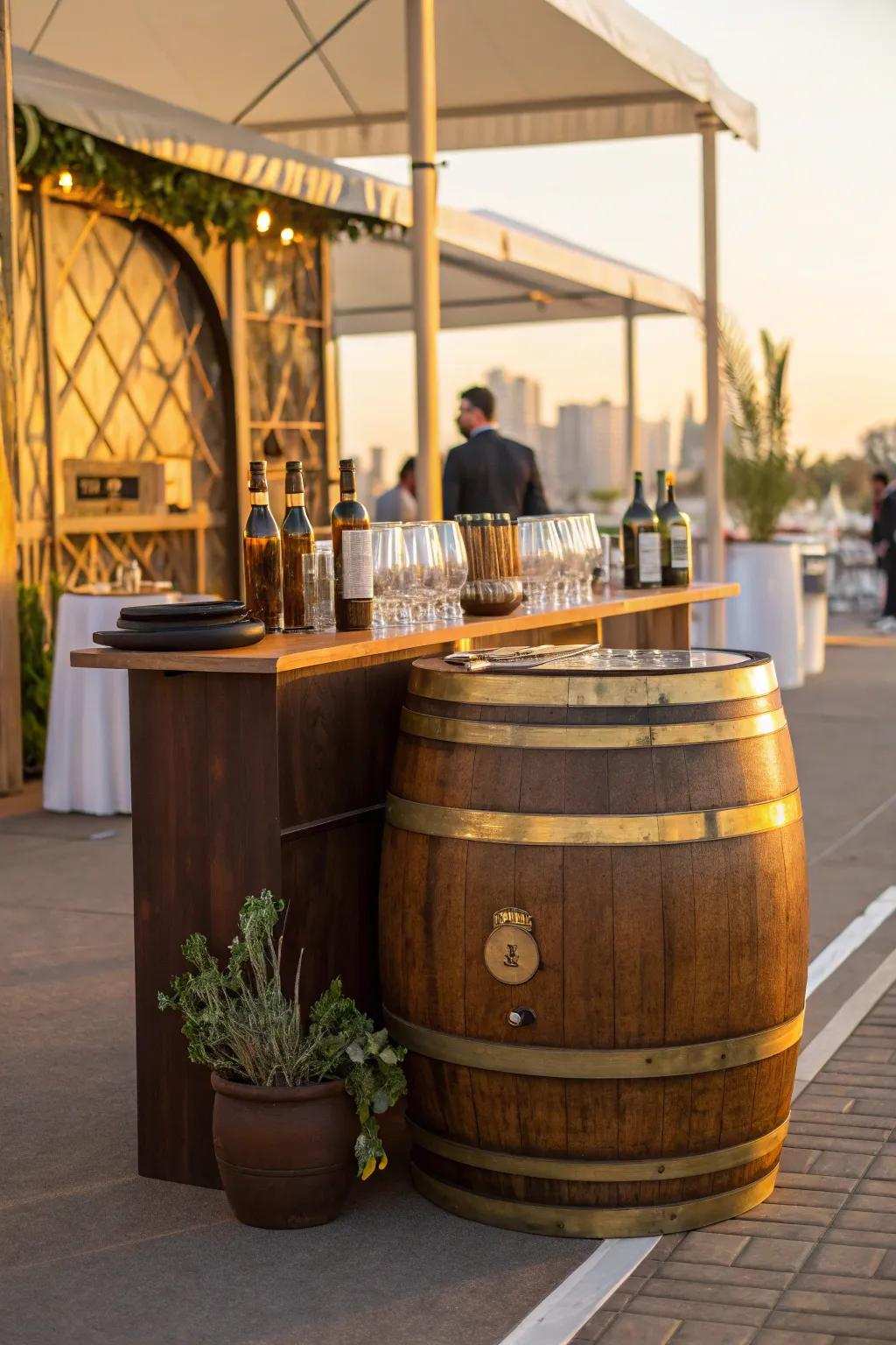 Host anywhere using a transportable cask bar that’s straightforward to relocate and brimming with charm.