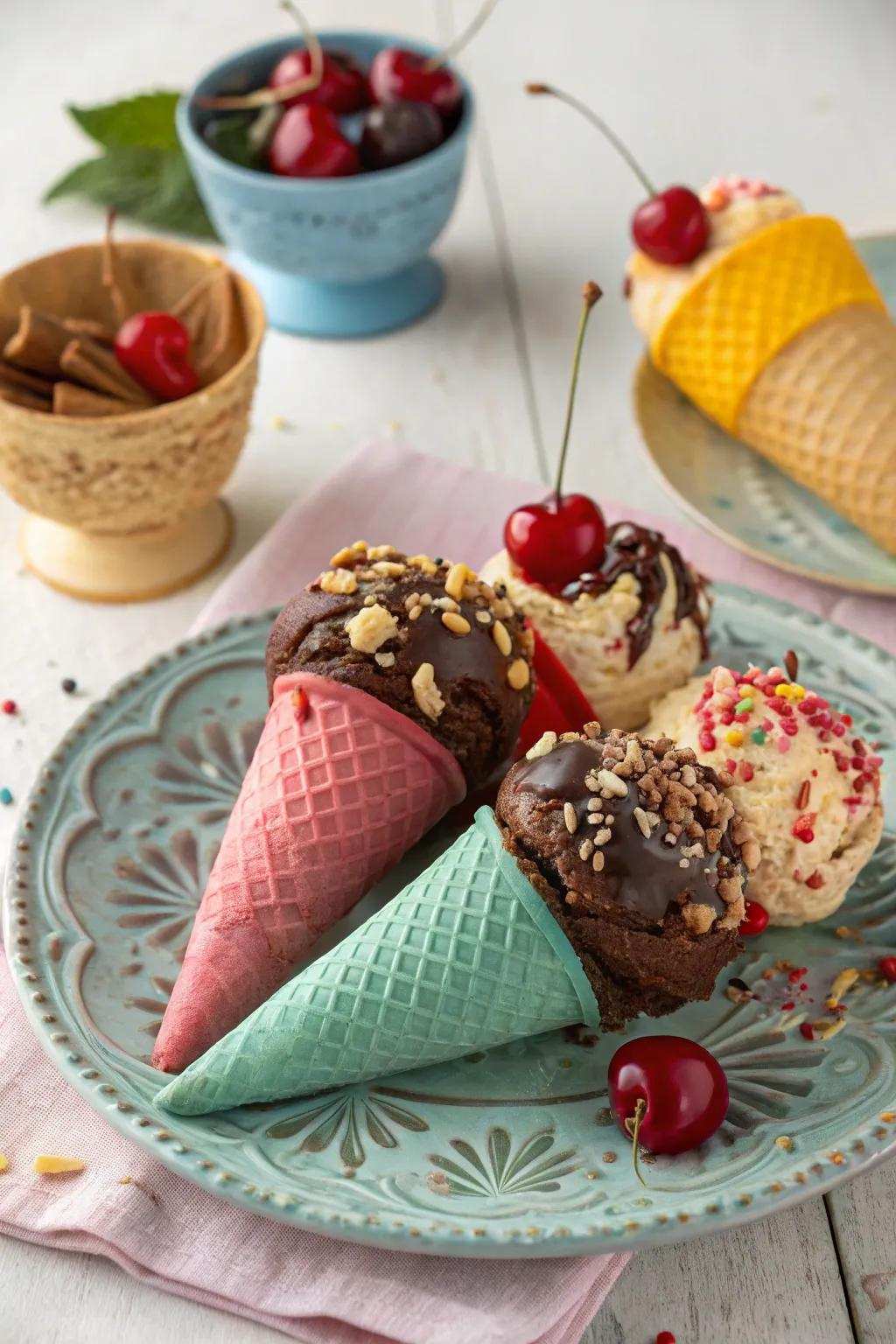 Ice cream cones with chocolate drizzle for a touch of indulgence.