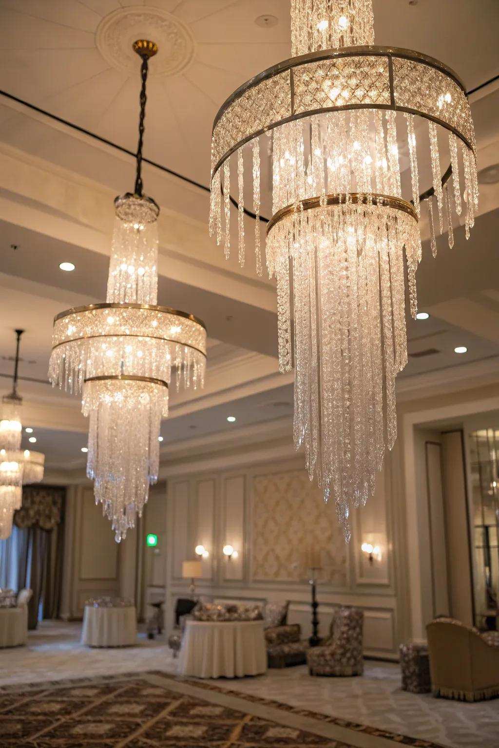 Icicle chandeliers contribute dramatic, elegant illumination.
