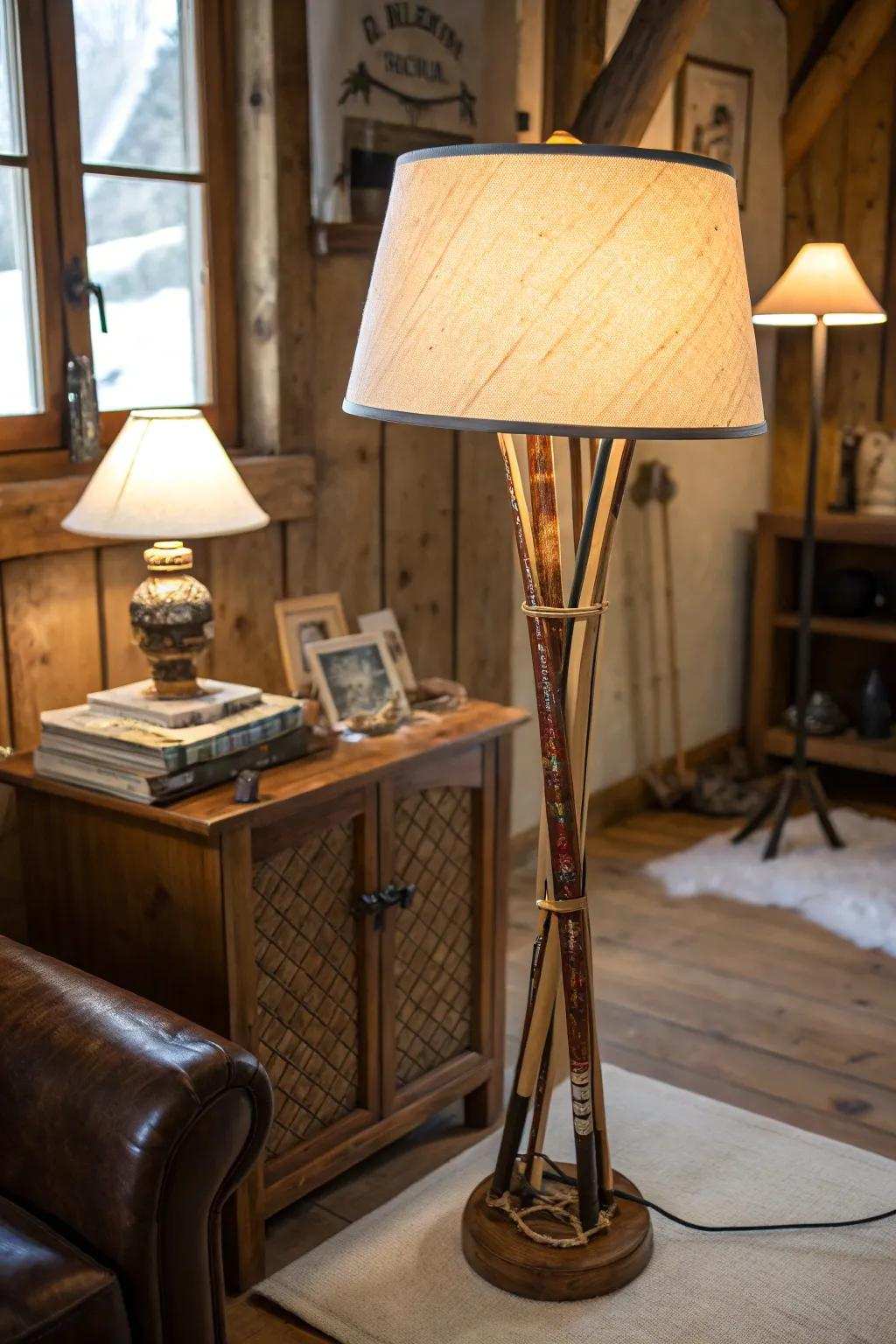 Illuminate your area with ski pole lamps for a unique feature.