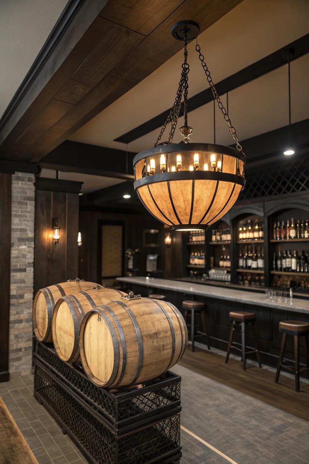 Illuminate your bar using distinctive cask stave lighting for a warm, inviting atmosphere.