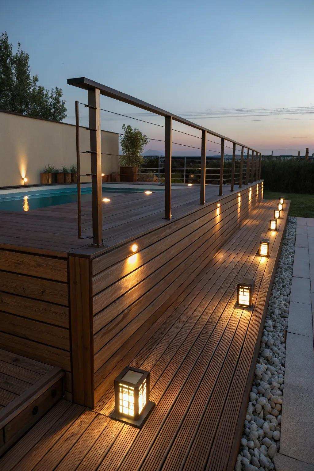 Illuminate your evenings with eco-conscious elegance using solar lamps on your deck.