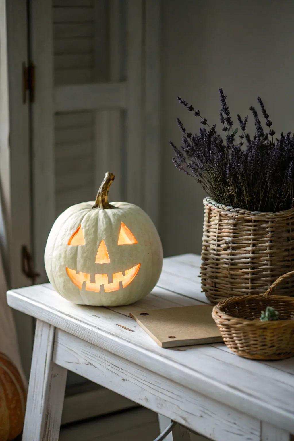 Illuminate your Halloween with minimalistic glow-in-the-dark pumpkin art. Perfect for those who cherish simplicity with a touch of boho flair.
