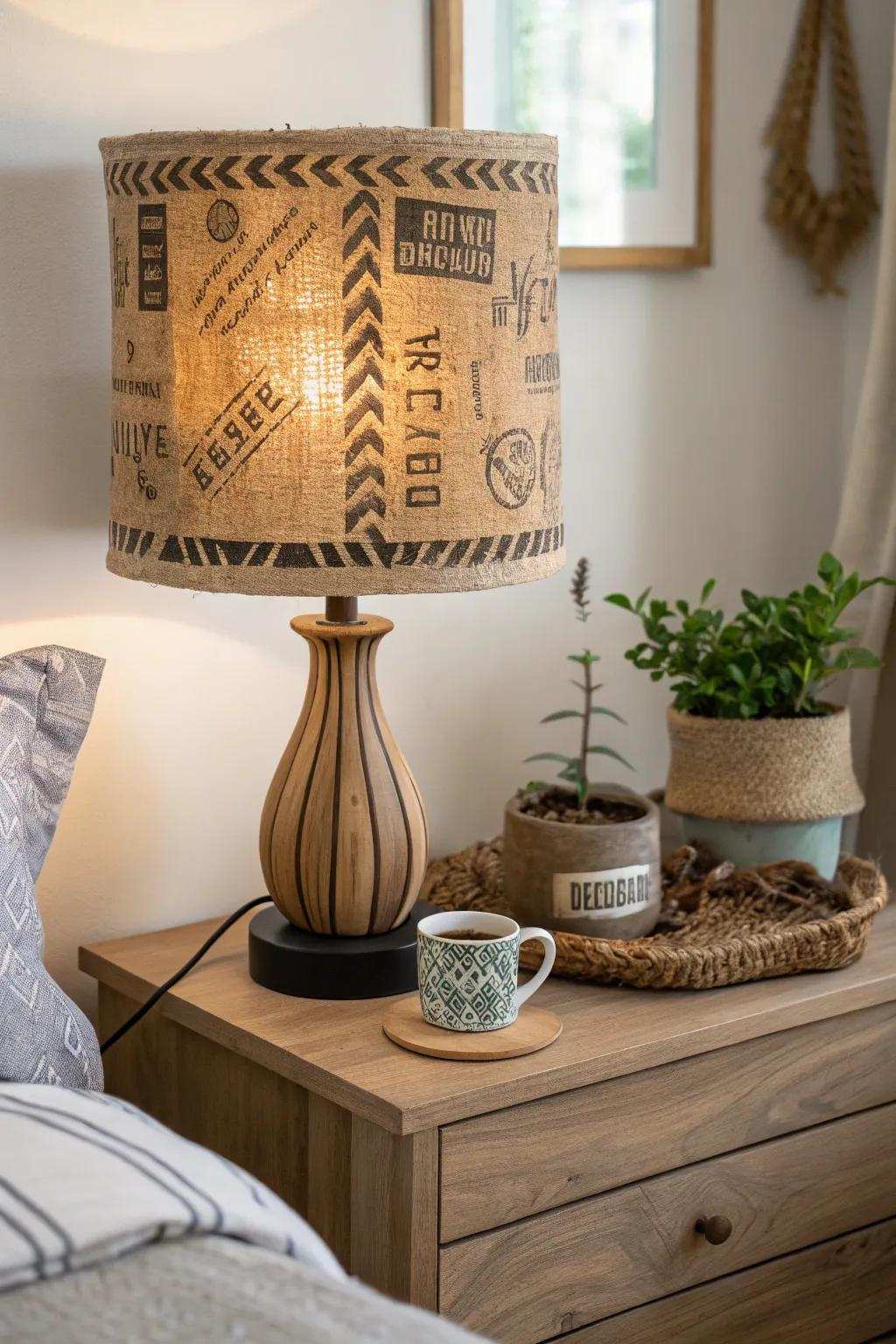 Illuminate your space using countryside charm: A grain sack lampshade for cozy, minimalist vibes.
