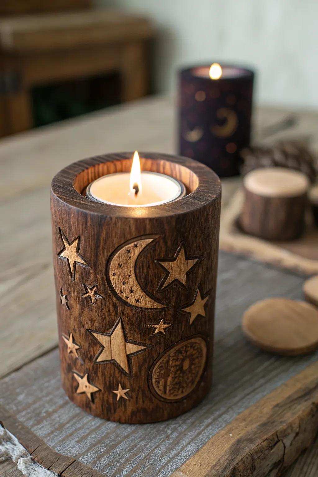 Illuminate your space with handcrafted warmth: a wood-burned light featuring celestial designs.