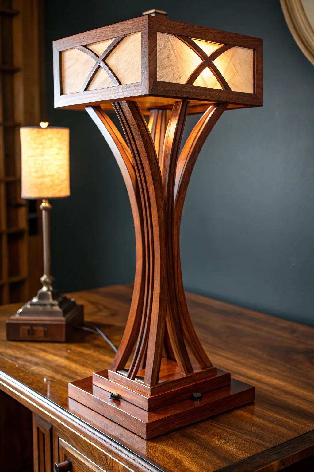Illuminate your space with this stunning handcrafted wood lamp, where functionality meets exquisite craftsmanship.