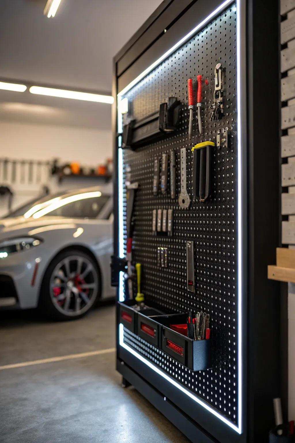 Illuminate your workspace using a hint of modern elegance: Pegboard arrangement improved through LED lighting.