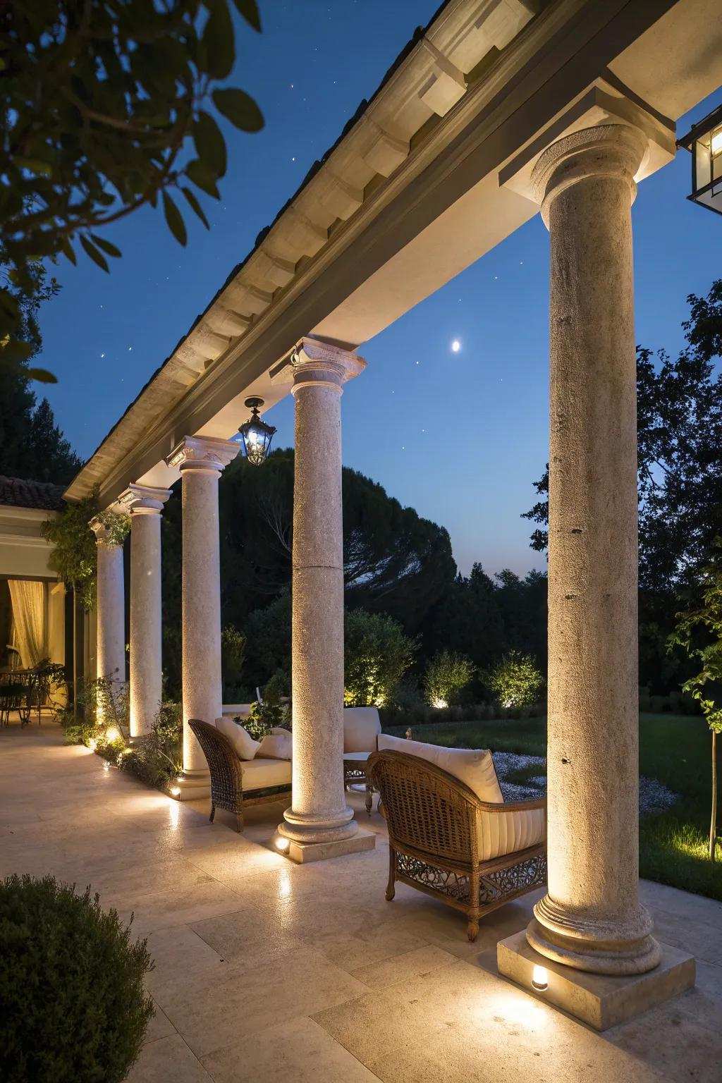 Illuminated pillars casting a cozy glow on an elegant outdoor patio.