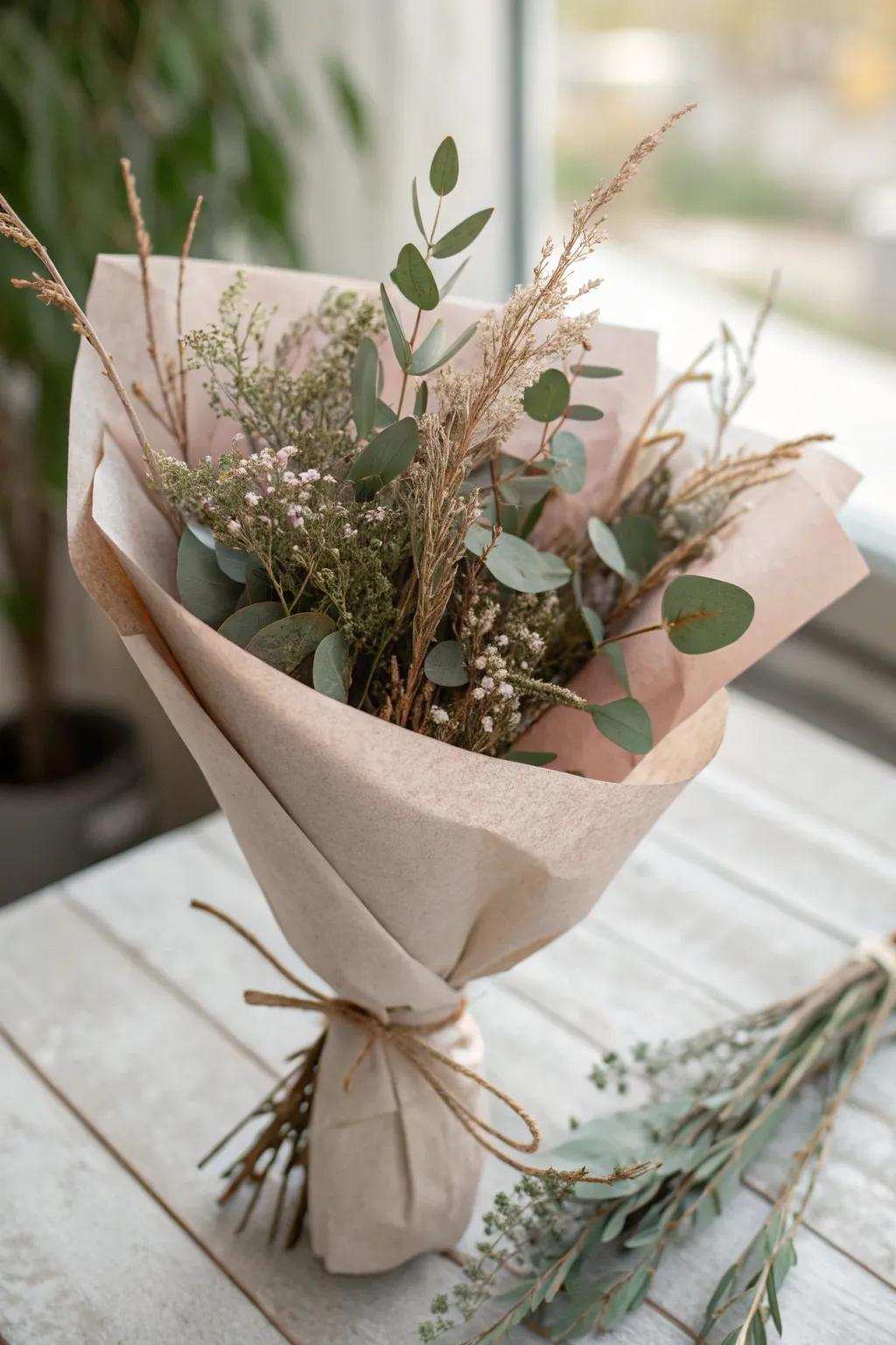 Immerse yourself in nature's simplicity through this elegantly wrapped bouquet, where twigs and leaves inject a hint of earthy charm.
