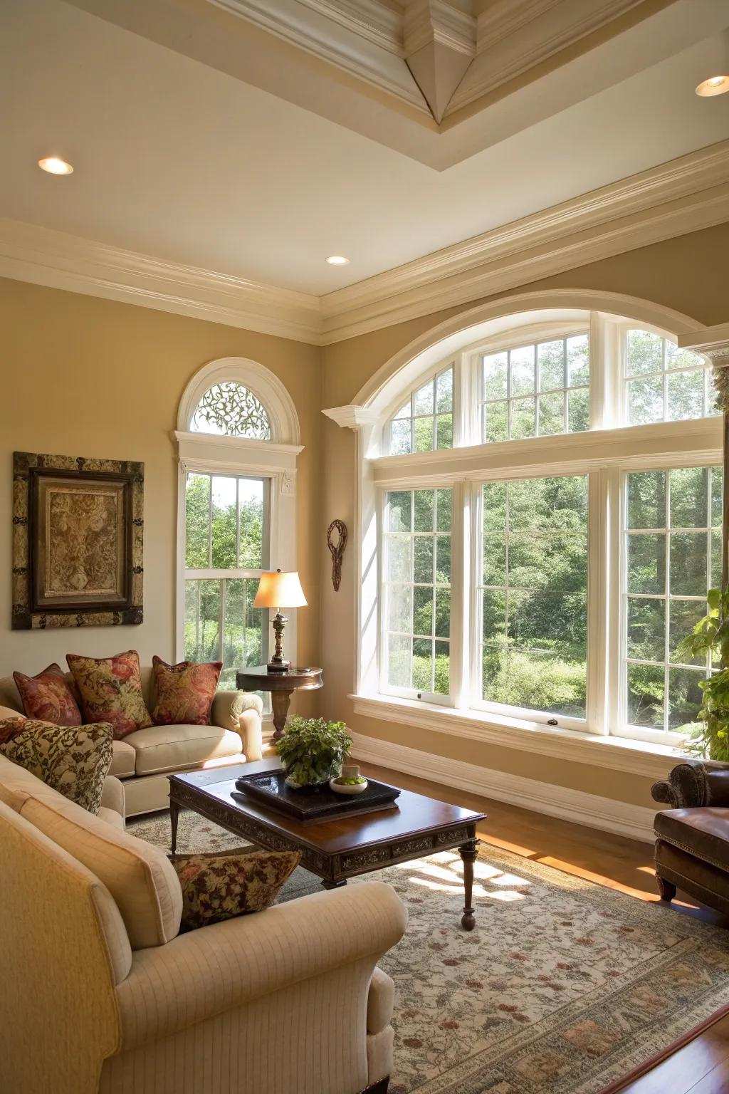 Impressive window frames created using faux crown molding.