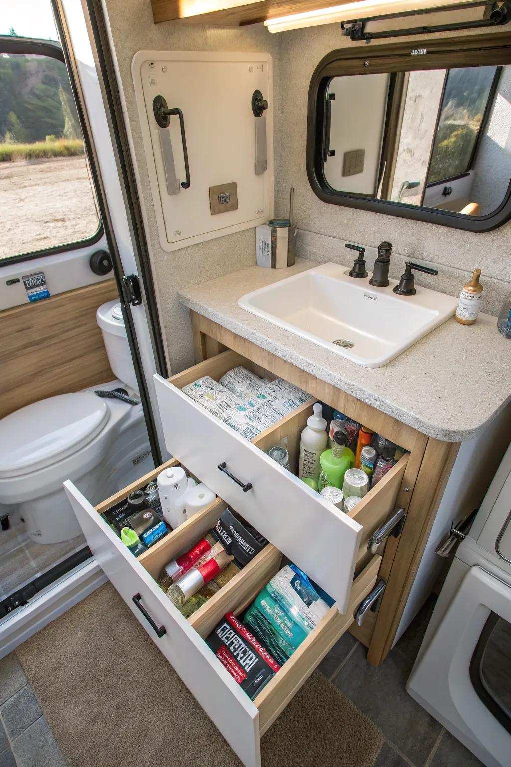 Improve under-sink storage with slide-out drawers.