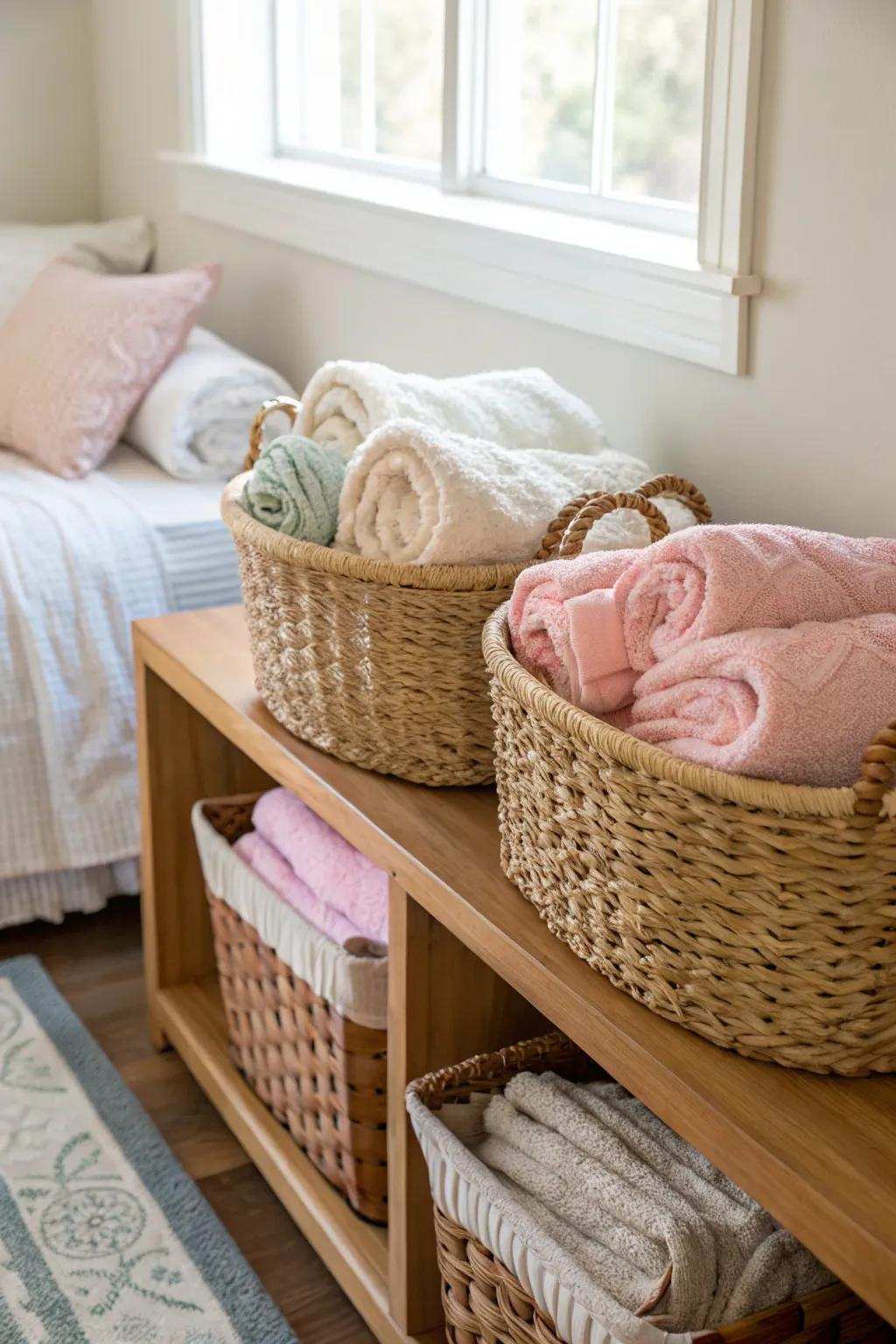 Improve your bedroom's visual appeal with fashionable storage baskets.