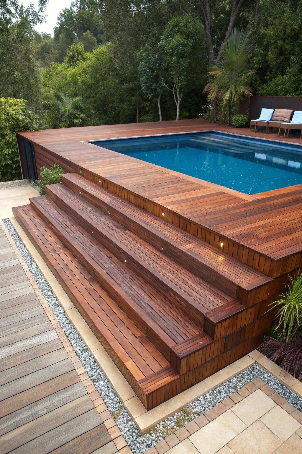 Improve your poolside experience with budget-friendly staggered decking that radiates design and elegance.