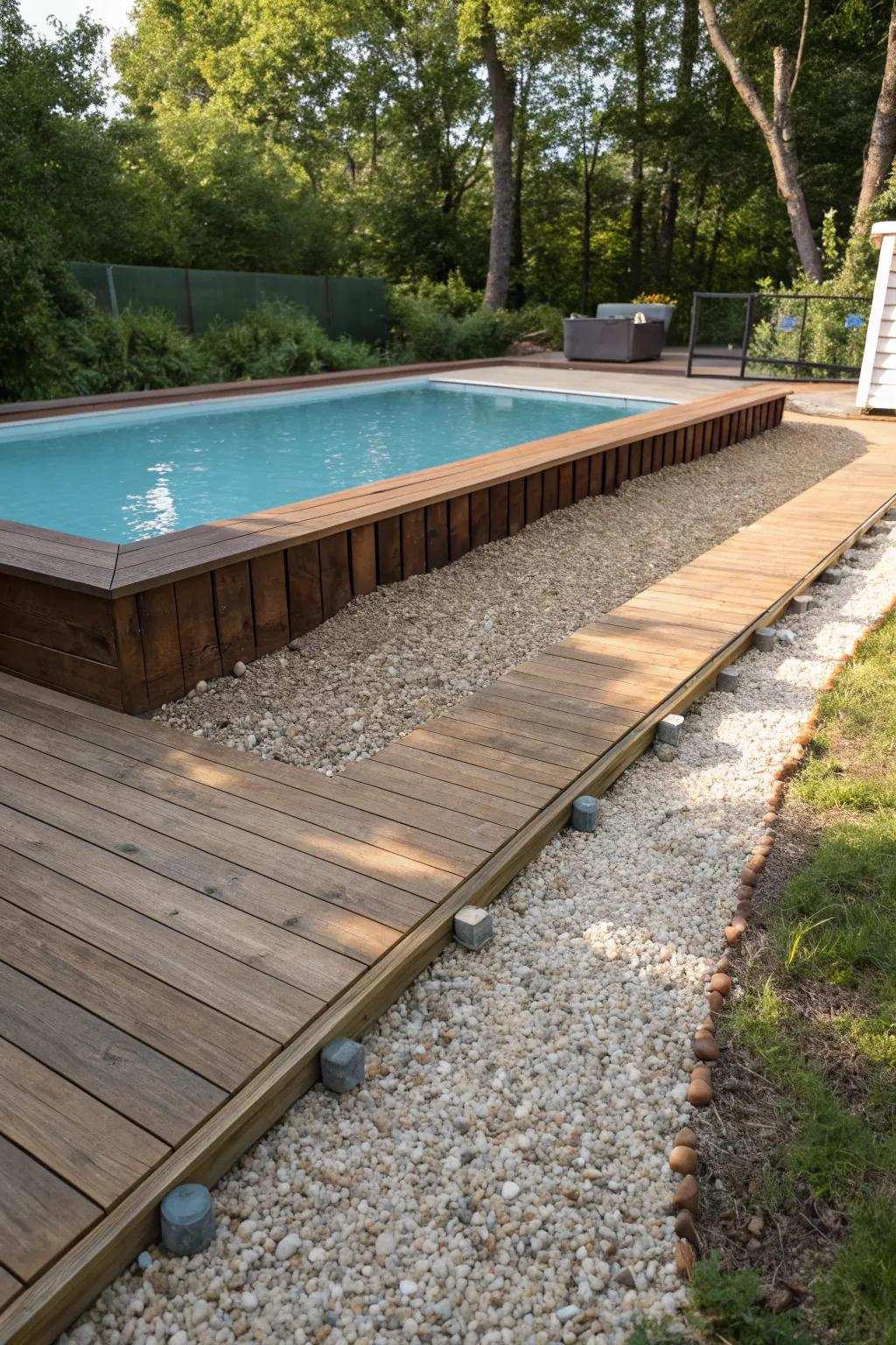 Improve your poolside moments with a gravel walkway that characterizes and enhances your above-ground deck economically.