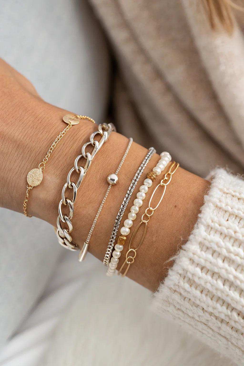 Improve your style using artistic asymmetry when layering wrist accessories.