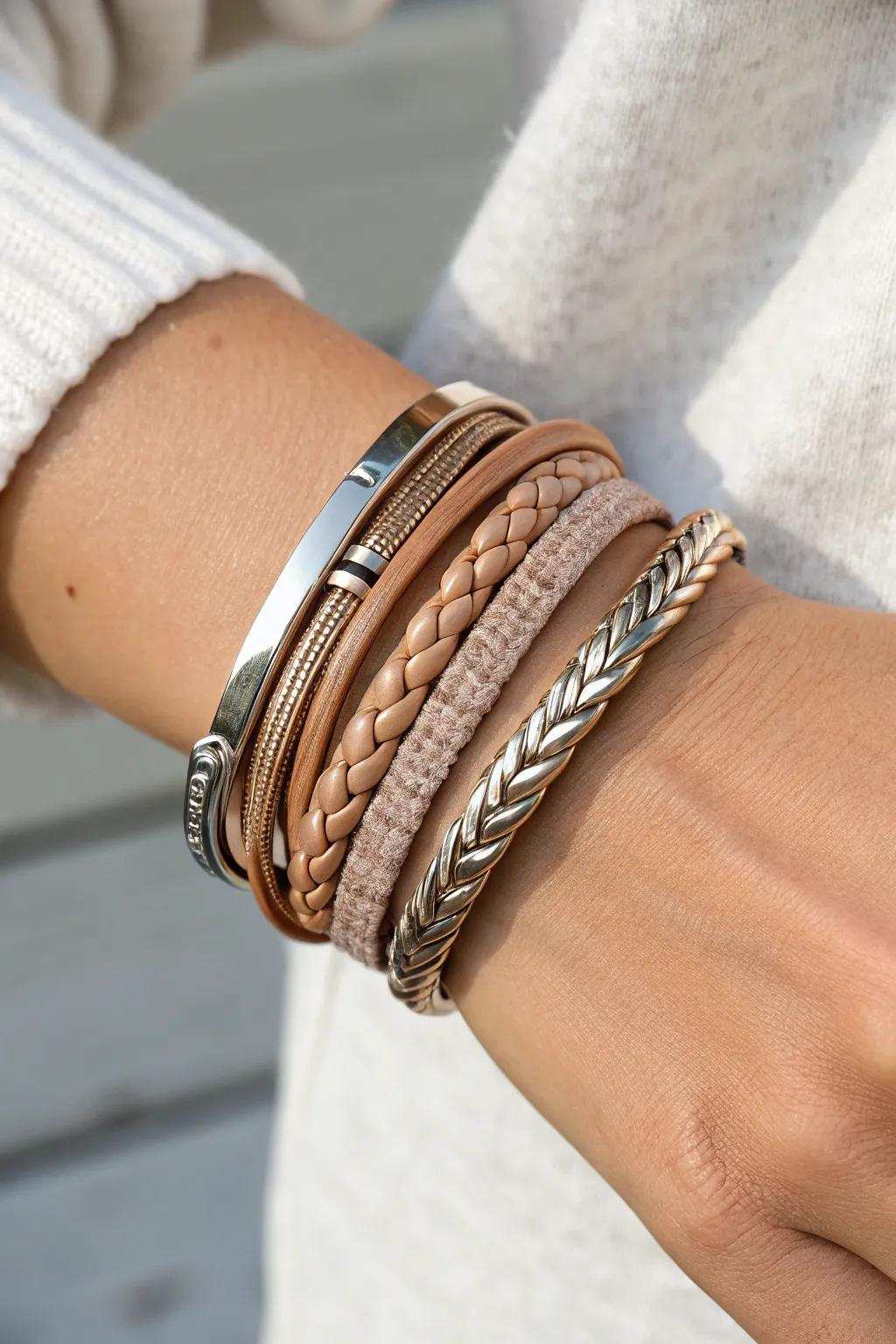 Improve your style with layered texture: Animal hide wraps meet polished metal bands for a uniquely personal look.