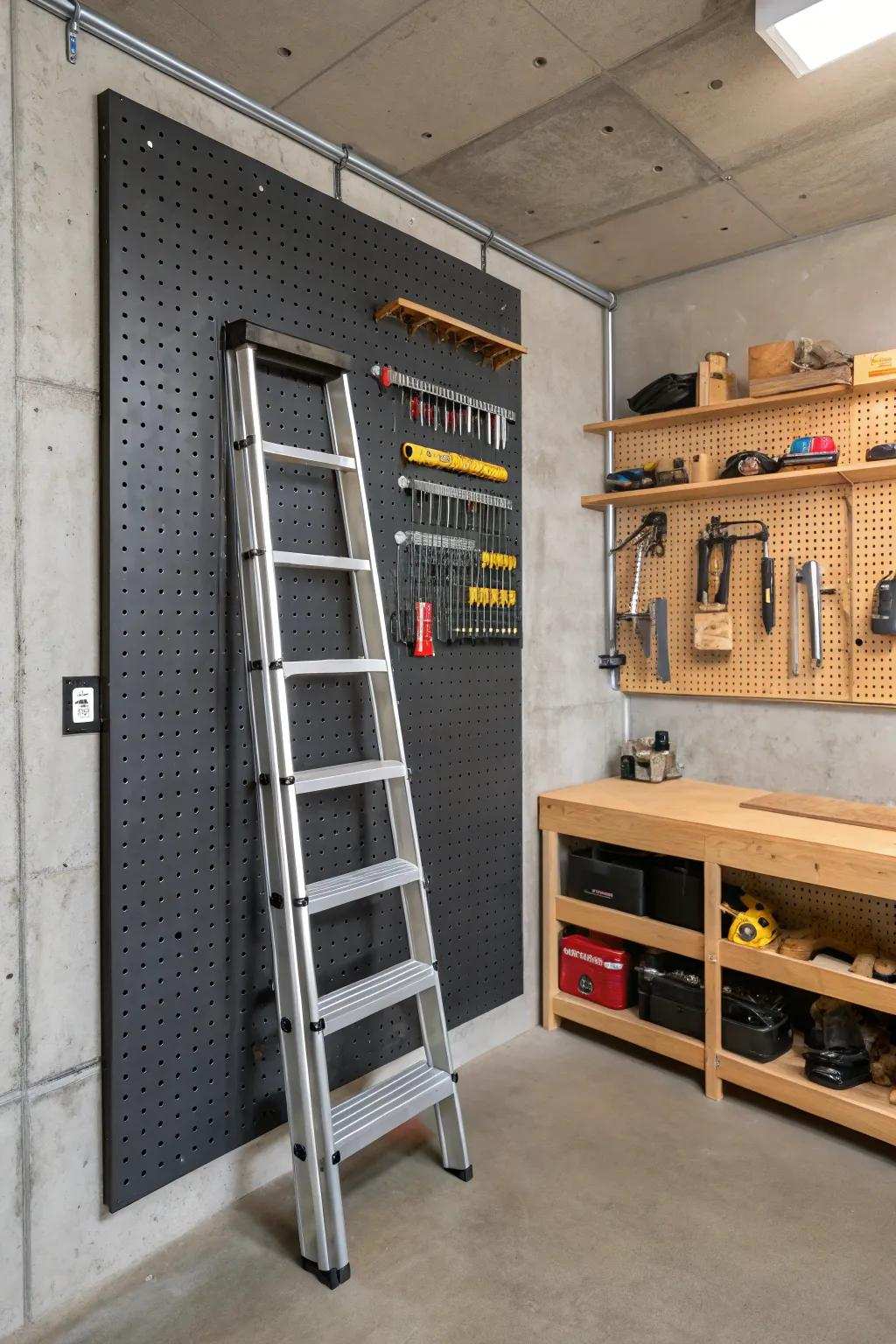 Improve your workspace arrangement through a fashionable custom ladder hanger, maximizing area and encouraging expert craftsmanship.