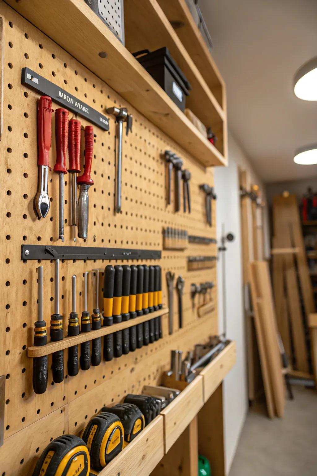 Improve your workspace arrangement with multi-tiered pegboard storage, where expert craftsmanship meets effectiveness.