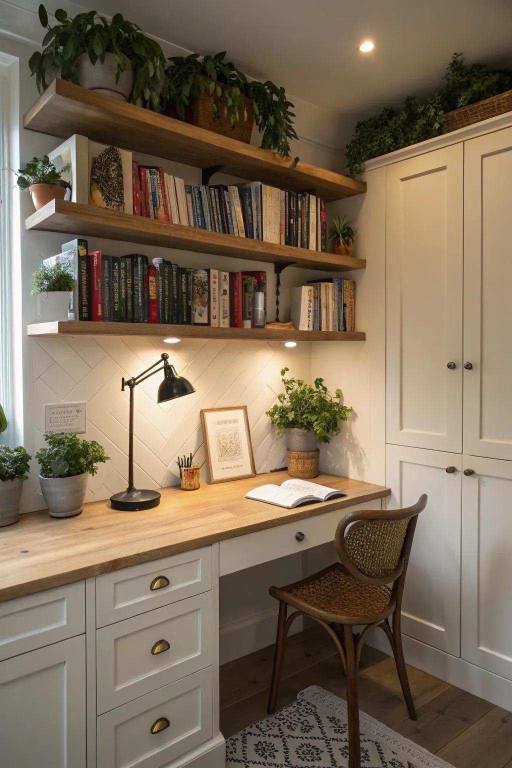 In-built shelves provide both practicality and charm to your kitchen office nook.